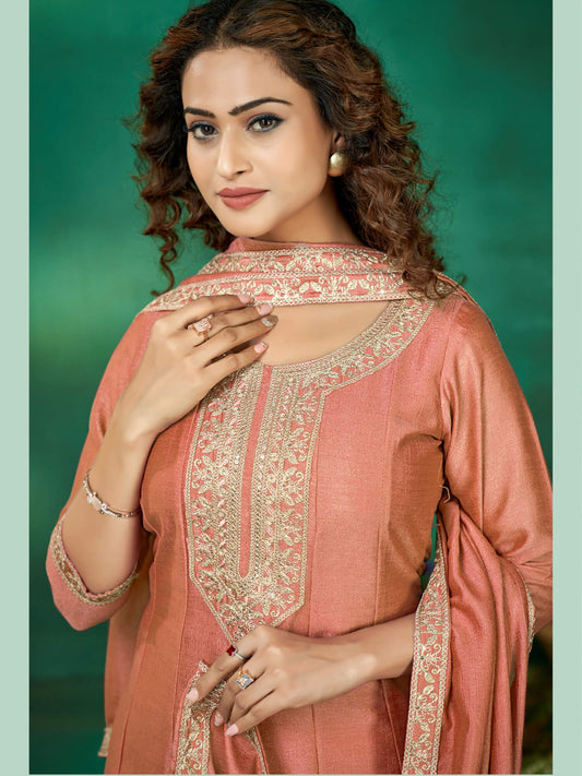 Peach vichitra silk Anarkali emboroidered kurti pant dupatta set.