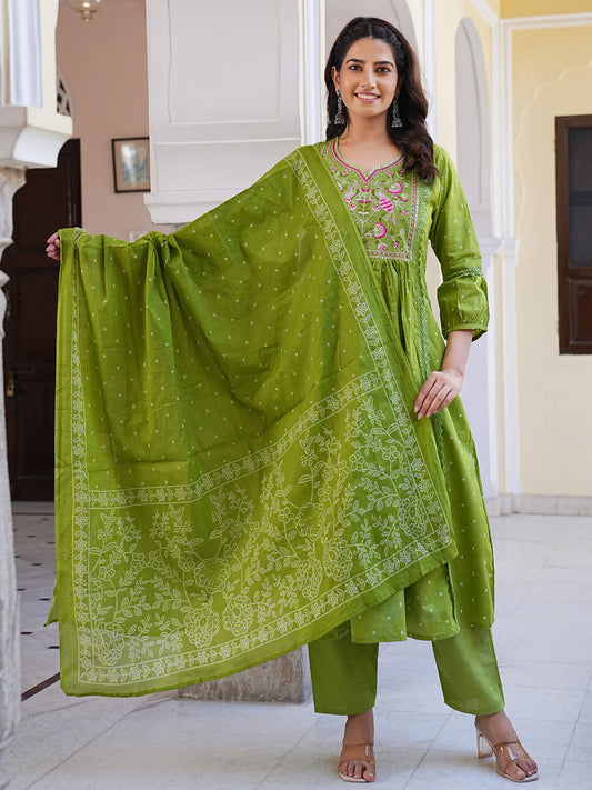 Pure Cotton embroidered with print pleated kurta set with Dupatta.