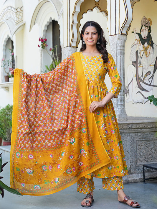 Pure Cotton Hand work with print pleated kurta set with Dupatta.