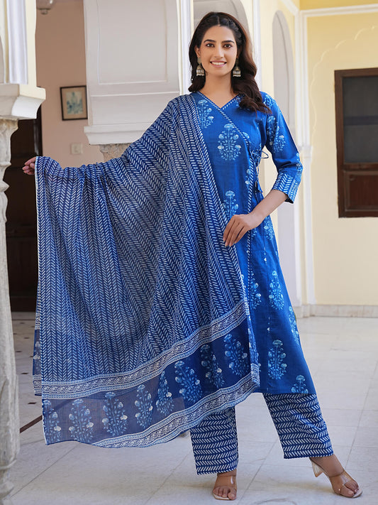Pure cotton printed Aangrakha cut kurta set with dupatta