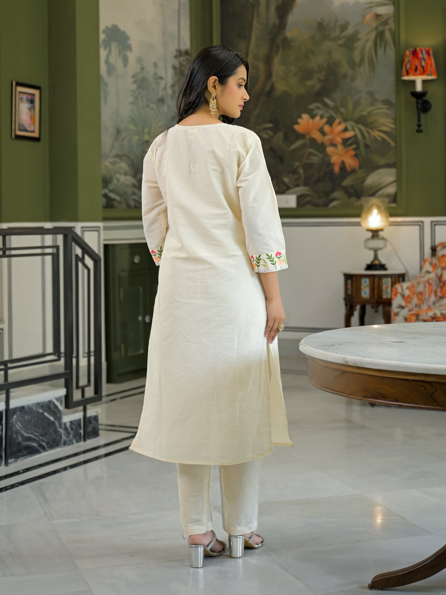 Khadi cotton off white Pintex work kurti pant set.