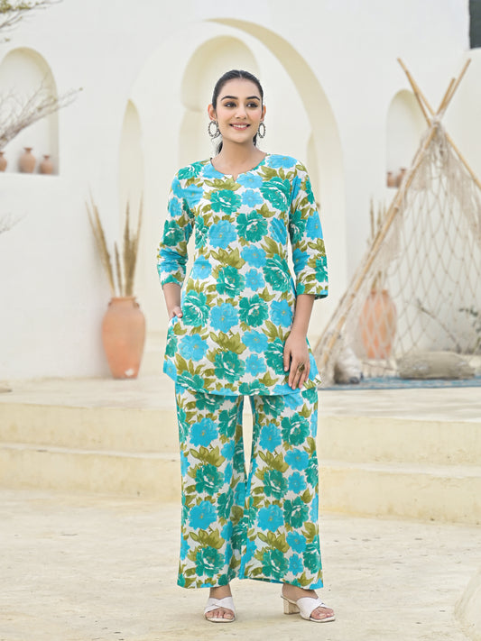 Pure Cotton straight floral print daily wear with side pocket co,ord set.