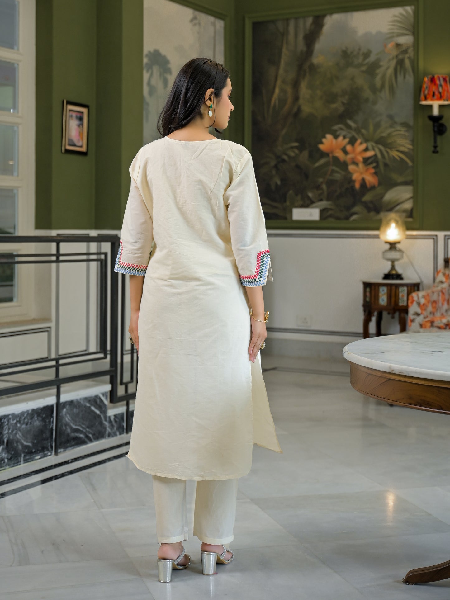 Khadi cotton off white Neck Embroiderd kurti pant set.