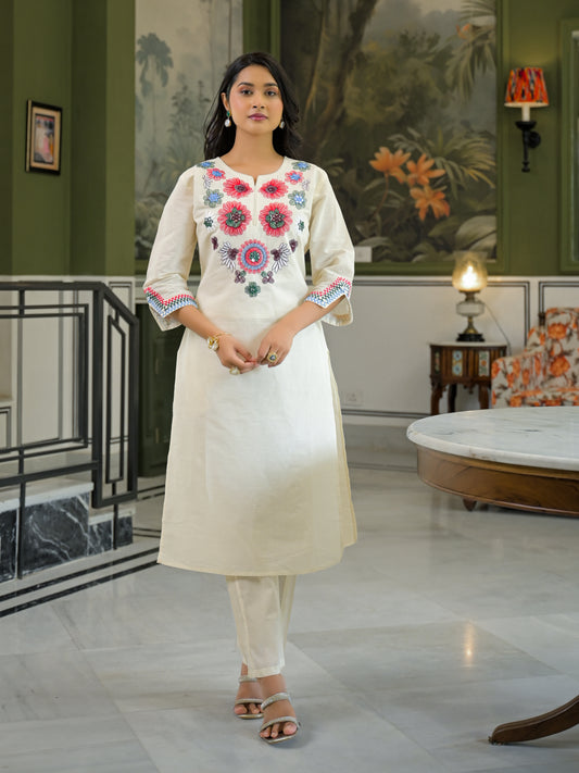 Khadi cotton off white Neck Embroiderd kurti pant set.