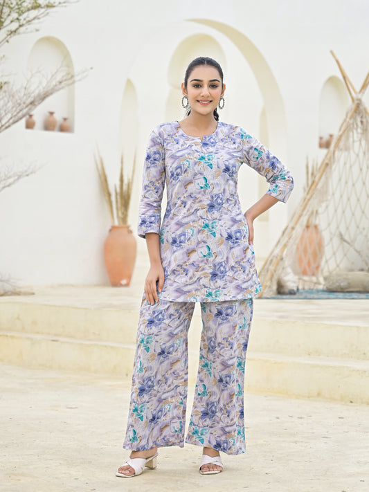 Pure Cotton straight floral print daily wear with side pocket co,ord set.