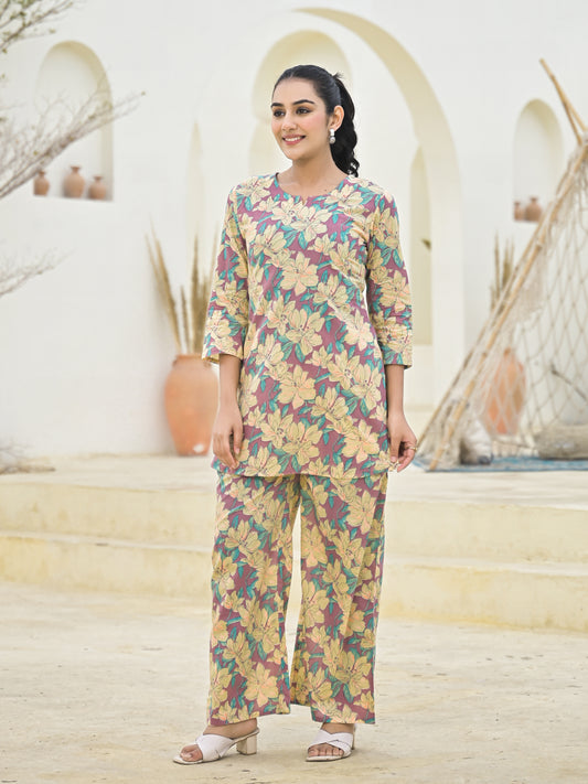 Pure Cotton straight floral print daily wear with side pocket co,ord set.