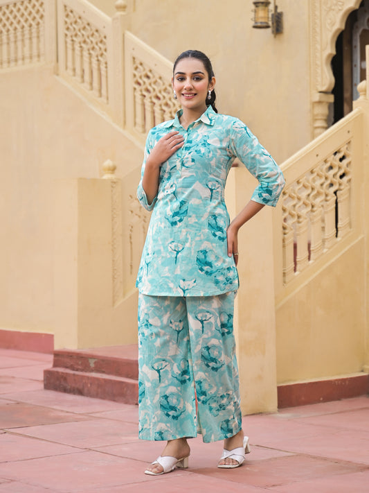 Pure Cotton straight floral print daily wear with side pocket co,ord set.