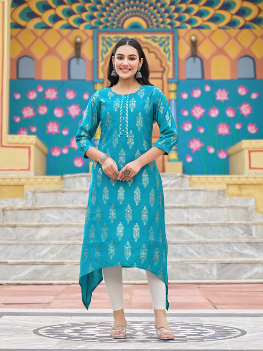 Roman silk gold foil printed indo,western Aline kurti.