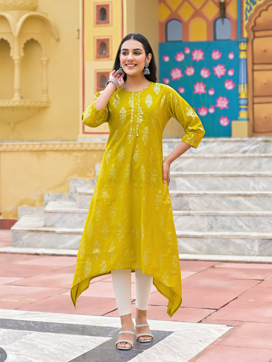 Roman silk gold foil printed indo,western Aline kurti.