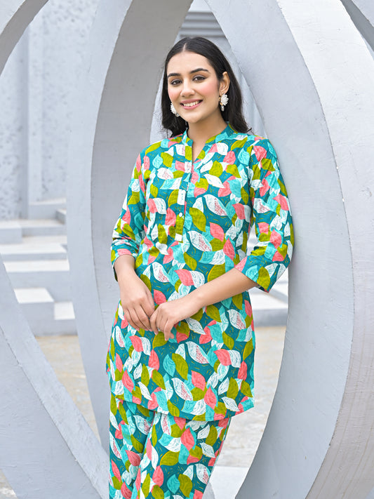 Pure Cotton straight floral print daily wear with side pocket co,ord set.