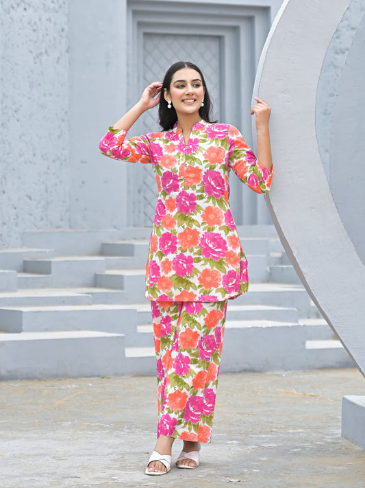 Pure Cotton straight floral print daily wear with side pocket co,ord set.
