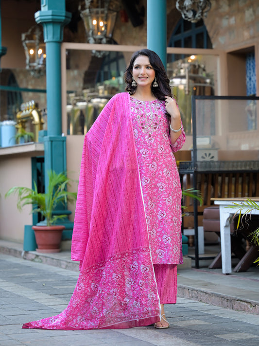 Pink Pure cotton neck embroidred printed kurti pant dupatta set.