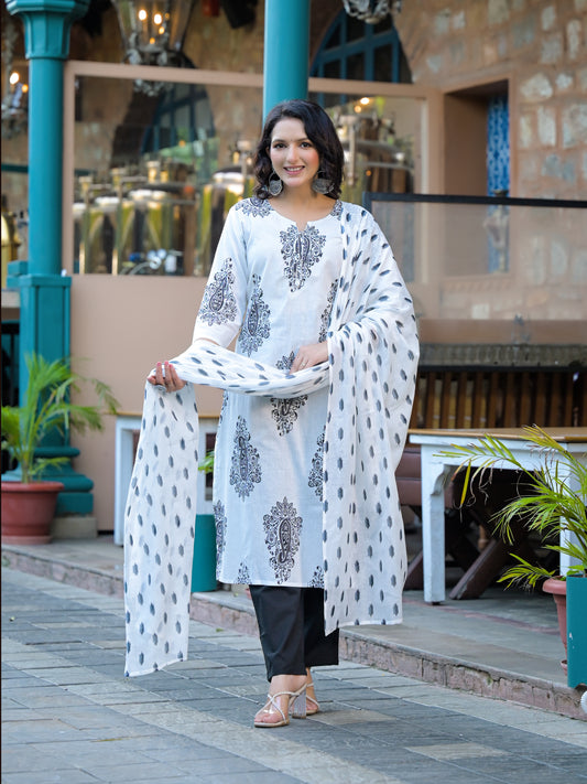 White Pure cotton printed kurti pant dupatta set.