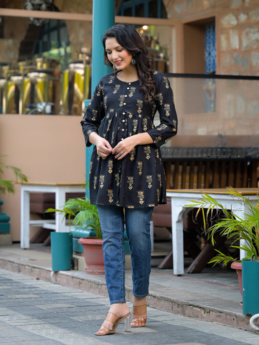 Rayon Viscose Black foil printed top