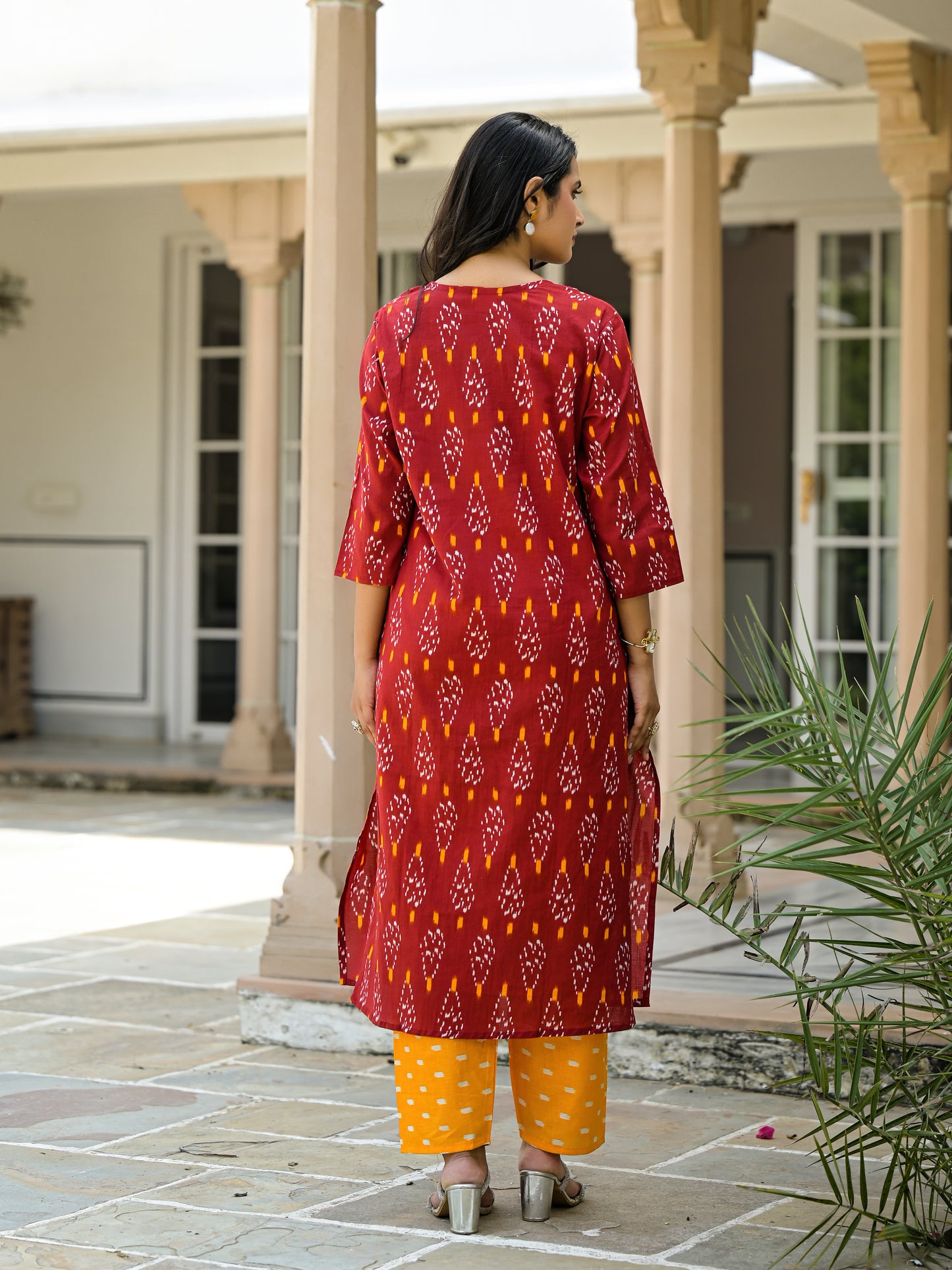 Pure cotton maroon printed kurti pant dupatta set