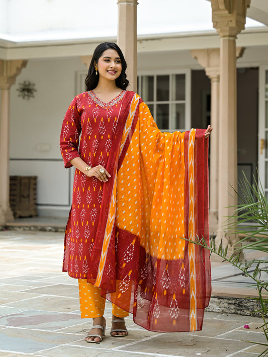 Pure cotton maroon printed kurti pant dupatta set