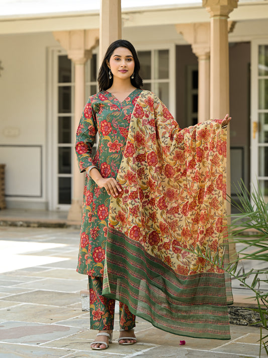 Multi color Pure cotton printed kurti pant dupatta set.