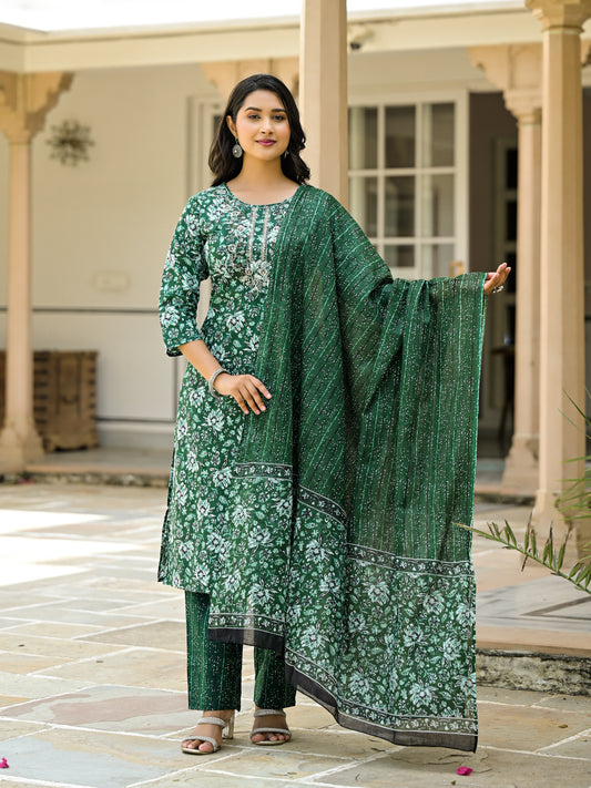 Green Pure cotton neck embroidred printed kurti pant dupatta set.