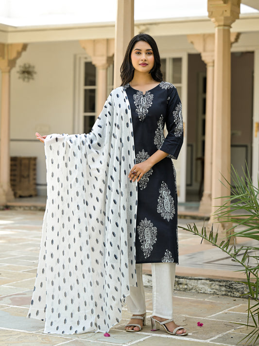 Black Pure cotton printed kurti pant dupatta set.