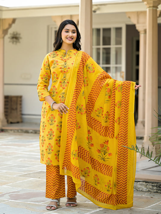 Yellow Pure cotton printed kurti pant dupatta set.