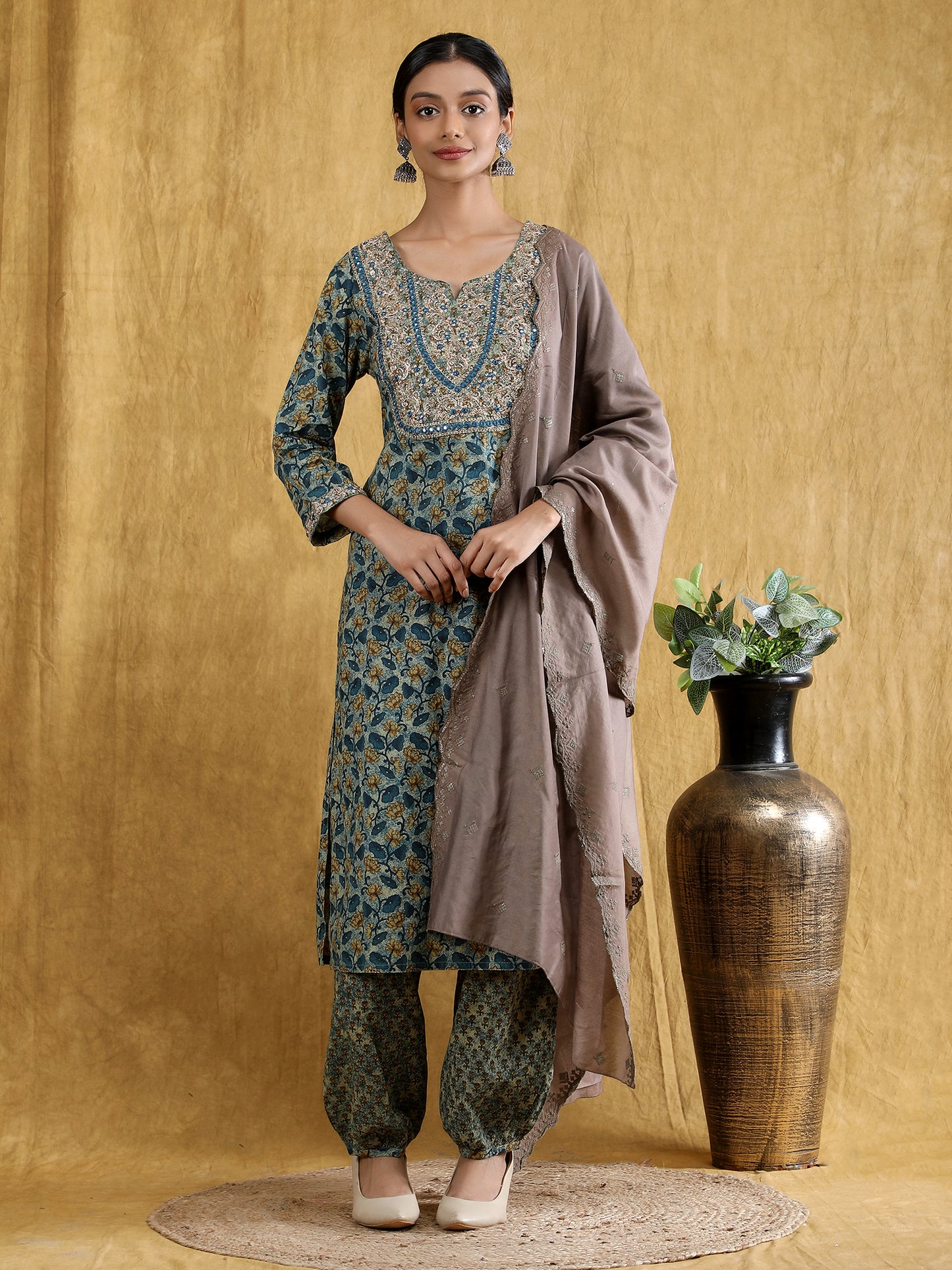 Pure cotton embroidered with printed Blue kurta set with chanderi embroidered dupatta set.