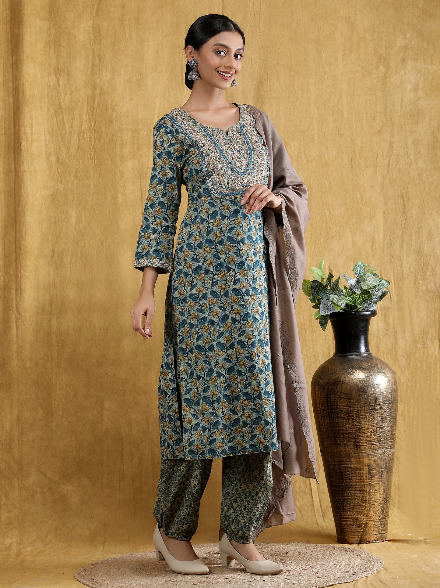 Pure cotton embroidered with printed Blue kurta set with chanderi embroidered dupatta set.