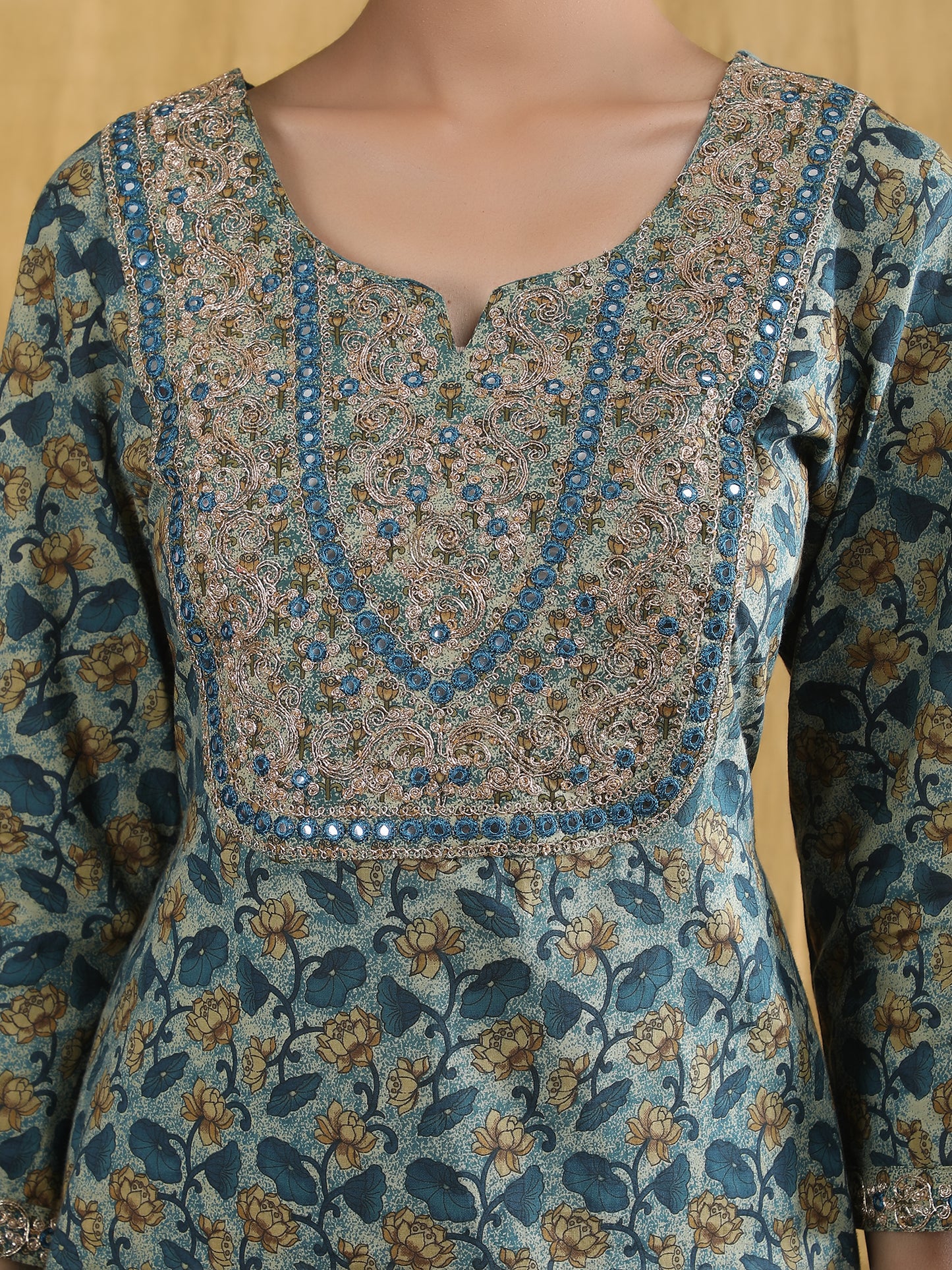 Pure cotton embroidered with printed Blue kurta set with chanderi embroidered dupatta set.