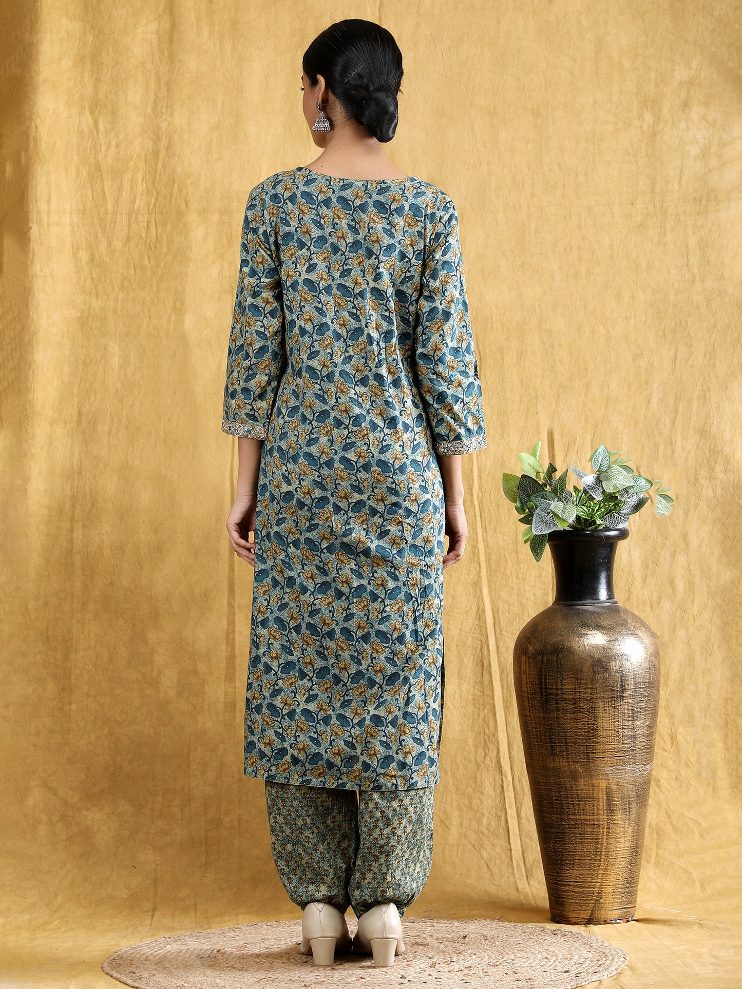 Pure cotton embroidered with printed Blue kurta set with chanderi embroidered dupatta set.
