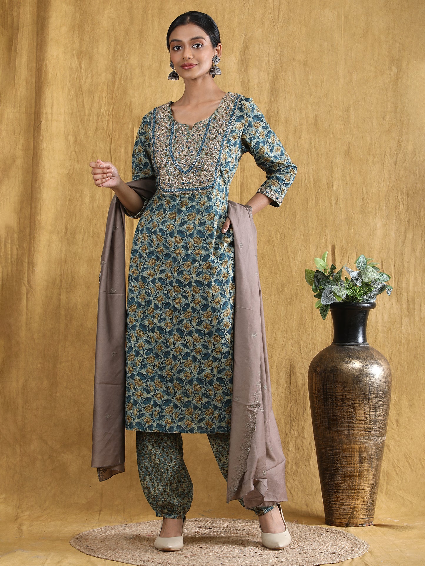 Pure cotton embroidered with printed Blue kurta set with chanderi embroidered dupatta set.