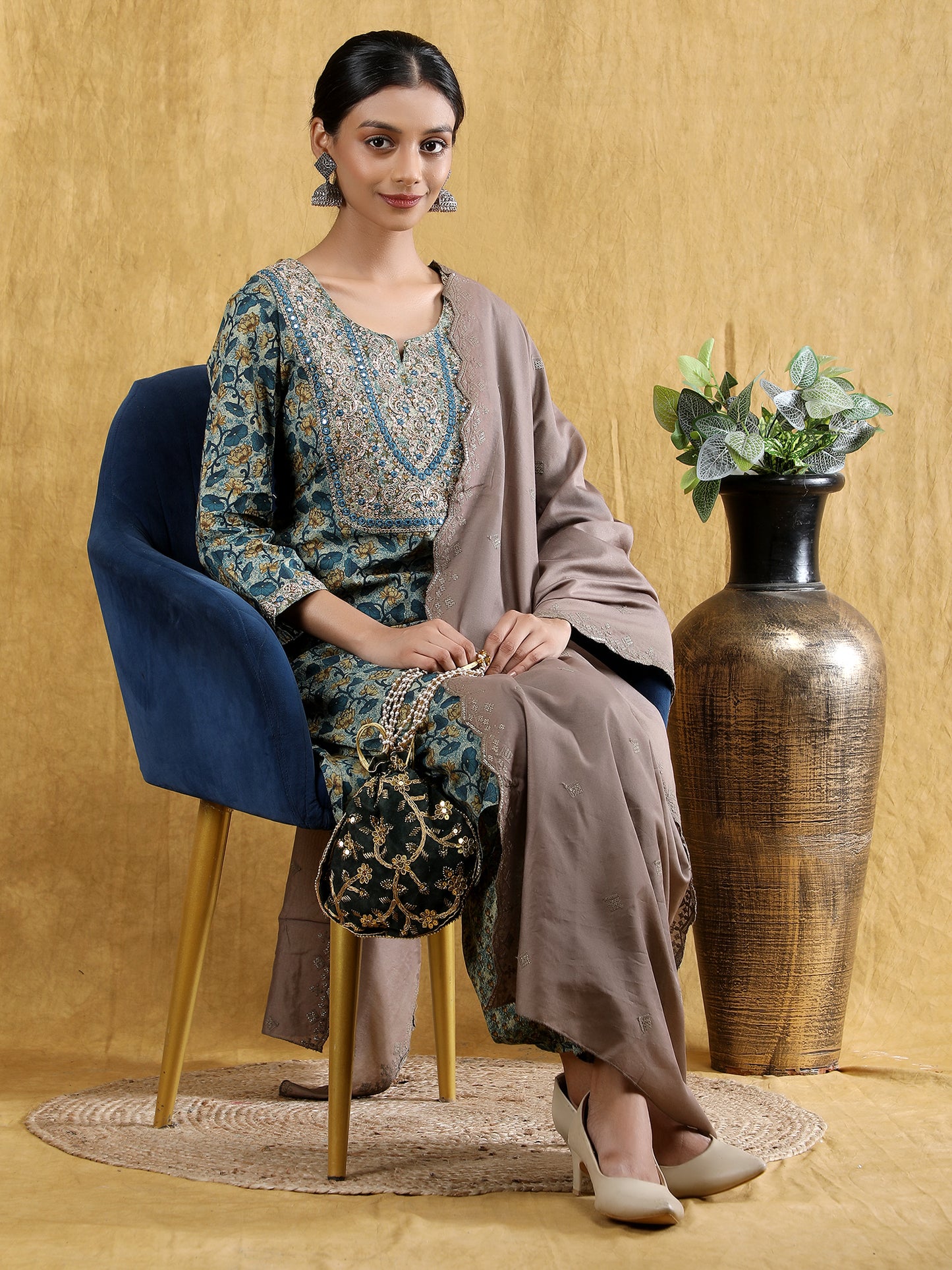 Pure cotton embroidered with printed Blue kurta set with chanderi embroidered dupatta set.