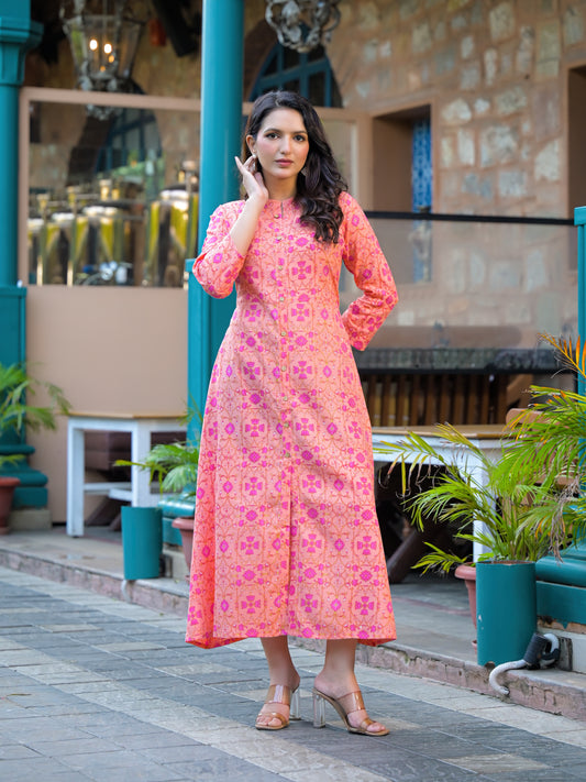 Rayon viscose Pink printed flared kurti
