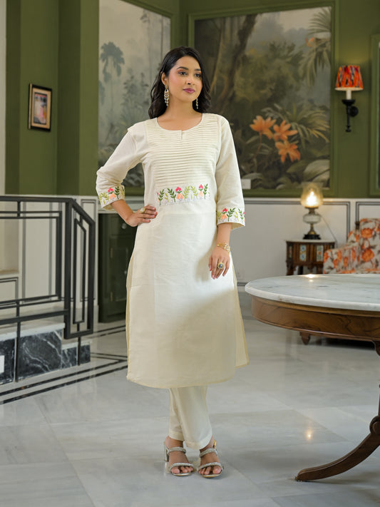 Khadi cotton off white Pintex work kurti pant set.