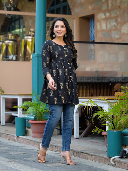 Rayon Viscose Black foil printed top