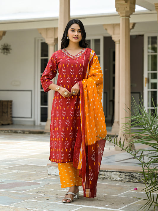 Pure cotton maroon printed kurti pant dupatta set