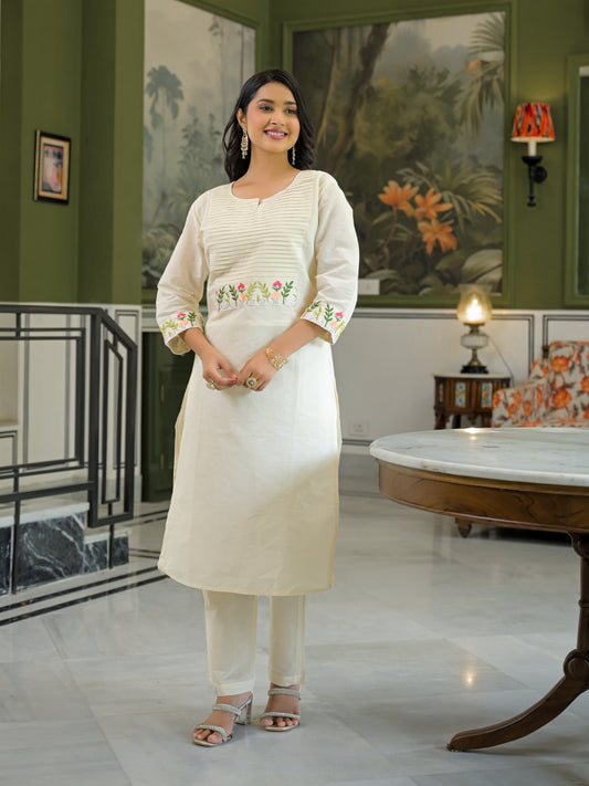 Khadi cotton off white Pintex work kurti pant set.