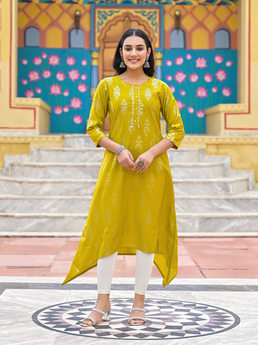 Roman silk gold foil printed indo,western Aline kurti.