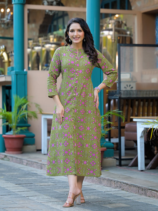 Rayon viscose Green printed flared kurti
