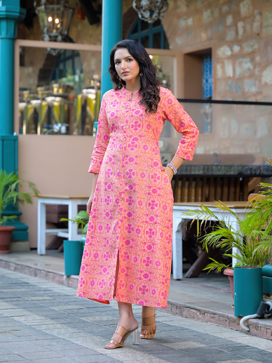 Rayon viscose Pink printed flared kurti