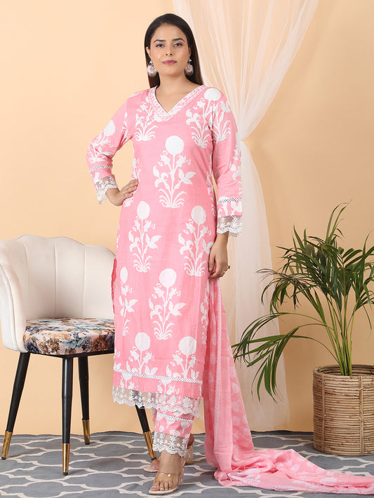 Pure cotton printed straight kurta set with dupatta